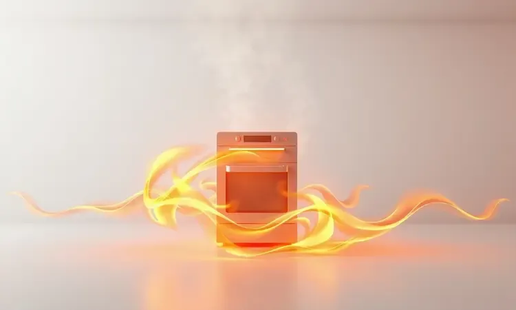 Representação conceitual de ondas de calor e energia dourada em uma cozinha moderna e tecnológica.