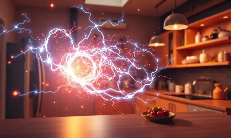 Ondas de energia abstratas e coloridas representando eficiência energética e potência em eletrodomésticos.