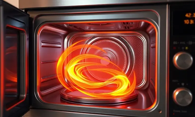 Representação visual da potência de aquecimento e circulação de ar quente em uma airfryer 3D.