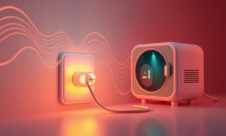 Representação visual de potência e consumo de energia em eletrodomésticos modernos com cores vibrantes.