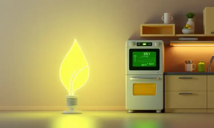 Ilustração 3D focada em eficiência energética, mostrando um símbolo de energia brilhante ao lado de um eletrodoméstico moderno.