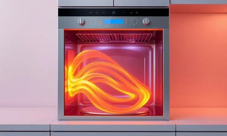 Ilustração 3D de ondas de calor circulares dentro de uma air fryer moderna, representando potência e performance.