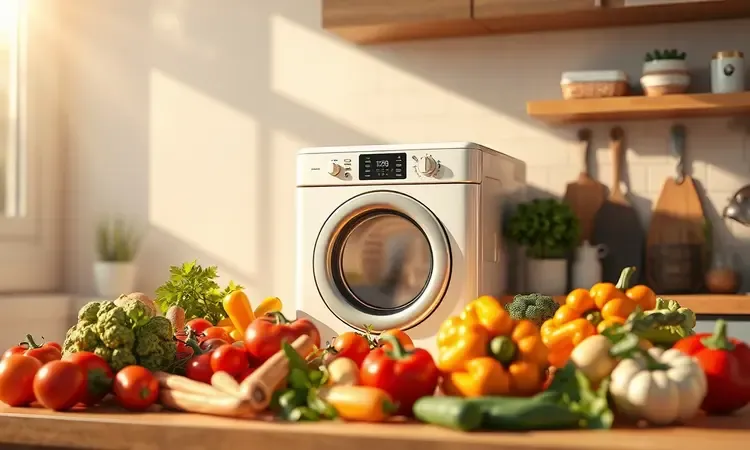 Representação conceitual de praticidade e economia doméstica com eletrodomésticos modernos em uma cozinha ensolarada.