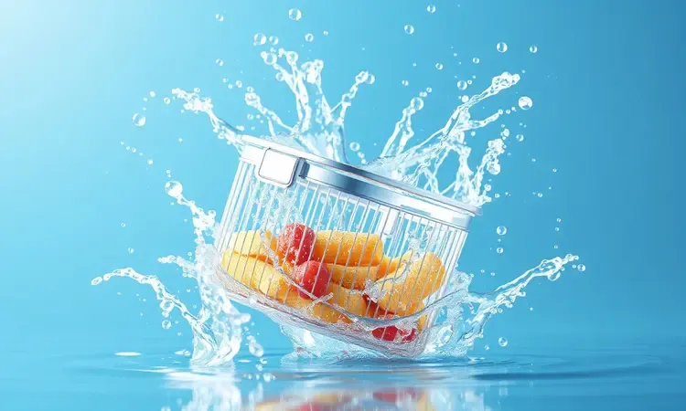 Cesto de fritadeira elétrica limpo flutuando entre respingos de água cristalina e bolhas.