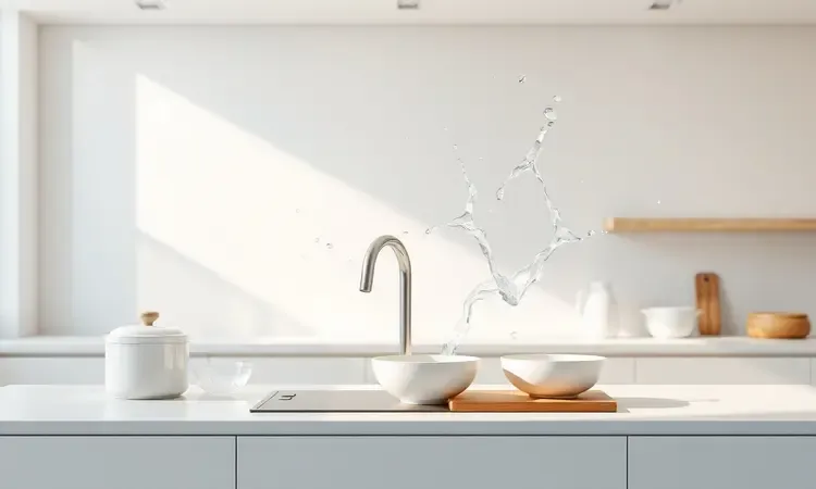 Cena 3D vibrante mostrando a facilidade de limpeza e a manutenção de uma air fryer com superfícies limpas e brilhantes.