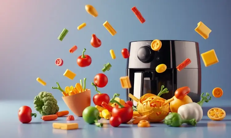 Cena conceitual 3D de vegetais estilizados e coloridos flutuando próximos a uma air fryer, representando praticidade na cozinha.