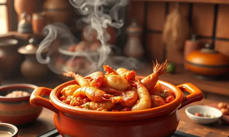 Cena conceitual 3D de um prato tradicional de frutos do mar em um pote de barro com cores ricas e fumaça estilizada.