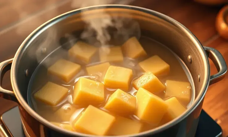 Representação artística de pedaços de mandioca cozinhando em água fervente com vapor suave.