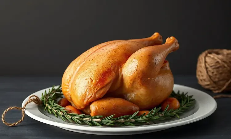 Ilustração 3D de um frango perfeitamente amarrado e preparado para o espeto giratório em uma cozinha moderna.
