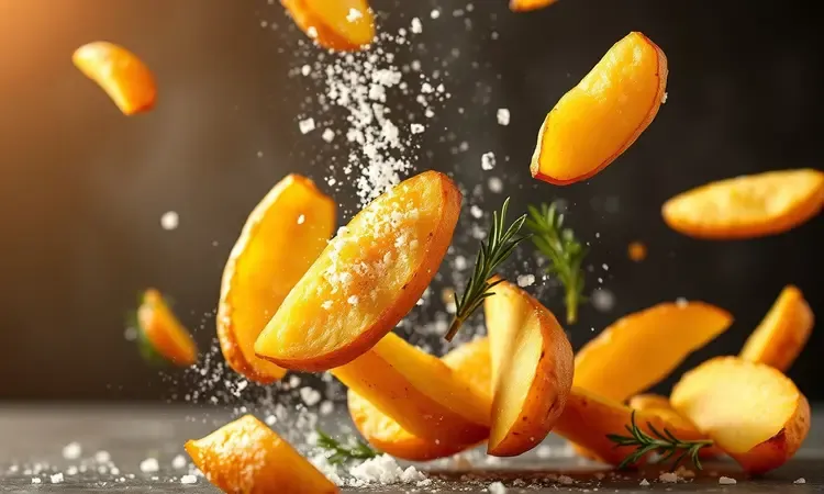 Batatas rústicas douradas e temperadas com alecrim em uma composição dinâmica 3D com luzes quentes.