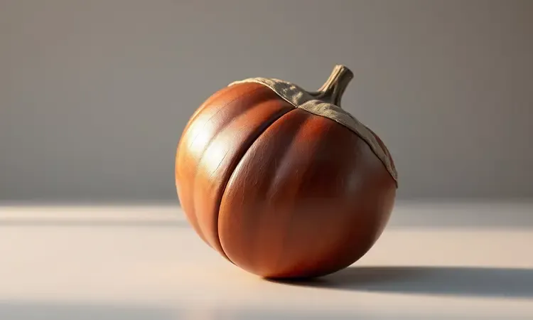 Close-up artístico de uma castanha portuguesa com um corte perfeito em X sob luz de estúdio.