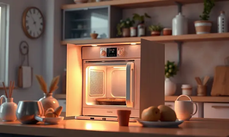 Cena conceitual 3D de um eletrodoméstico novo sendo preparado para o primeiro uso na cozinha.