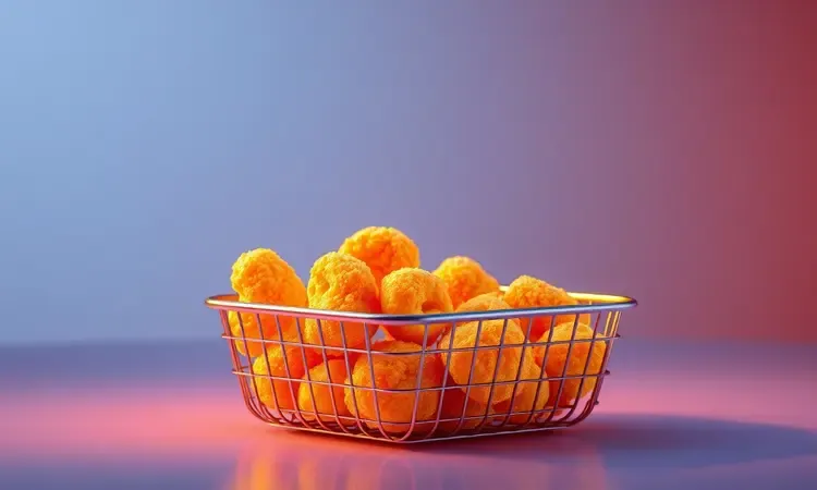 Nuggets congelados sendo preparados em uma cesta de airfryer estilizada com iluminação vibrante.