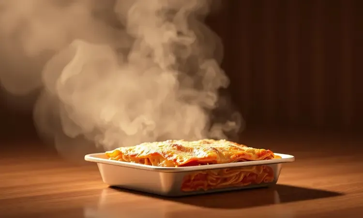 Ilustração 3D mostrando a transição de uma lasanha congelada para um prato gratinado e suculento.