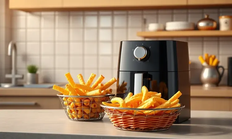 Cesta de fritadeira elétrica estilizada com petiscos dourados e crocantes em uma cozinha moderna e colorida.
