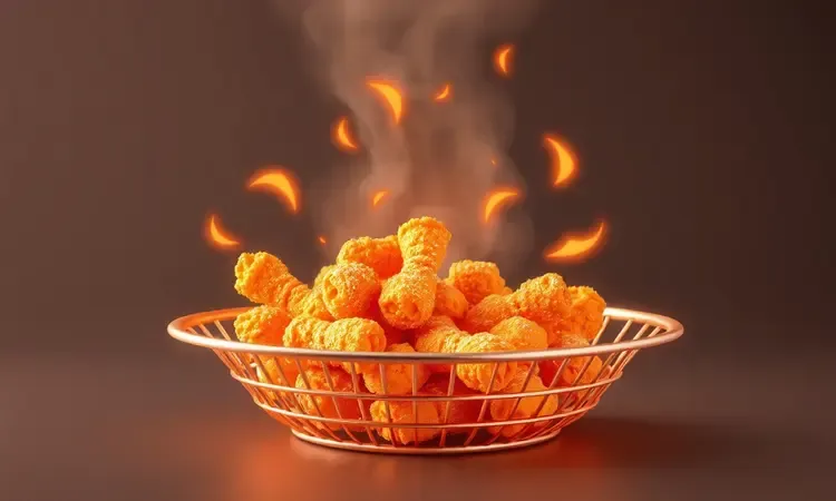 Ilustração 3D da circulação de ar quente e preparo de alimentos crocantes em uma fritadeira sem óleo.