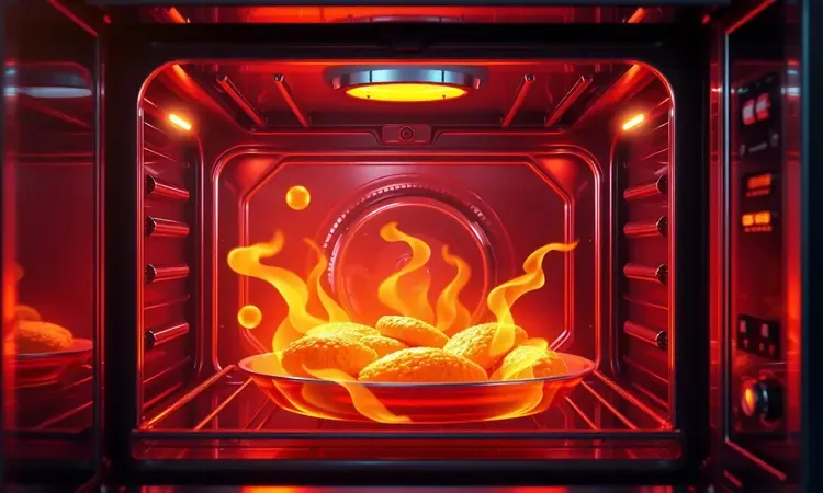 Representação conceitual em 3D do fluxo de ar quente cozinhando alimentos de forma uniforme dentro de um forno moderno.
