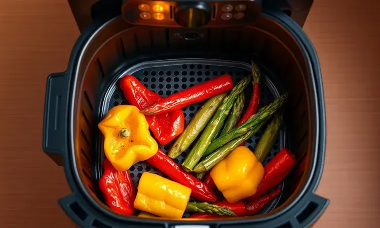 Uma cesta de air fryer moderna contendo vegetais coloridos e saudáveis com iluminação quente.
