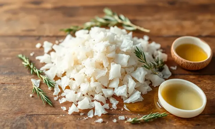 Textura de bacalhau desfiado com ingredientes mediterrâneos em uma cena 3D conceitual e iluminada.