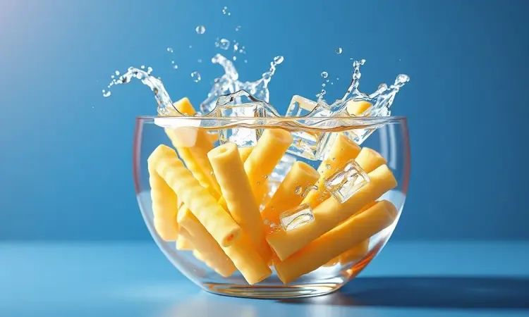 Técnica de imersão de batatas em água gelada com gelo para remover o amido em renderização 3D.