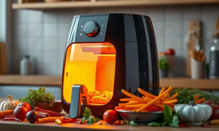 Airfryer estilizada com iluminação interna dourada e temperos coloridos ao redor em ambiente de cozinha conceitual.