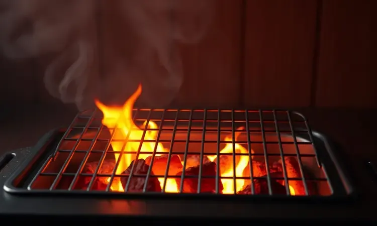 Grelha de churrasco conceitual em 3D com luzes quentes simulando brasas incandescentes ao fundo.