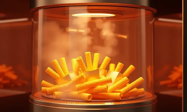 Ilustração 3D de petiscos dourados e crocantes flutuando em um fluxo de ar quente conceitual.