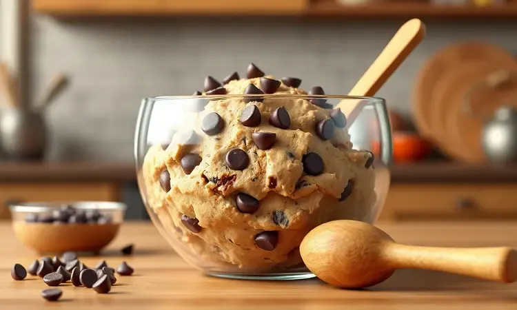 Massa de cookie com gotas de chocolate em uma tigela de preparo com iluminação quente e acolhedora.