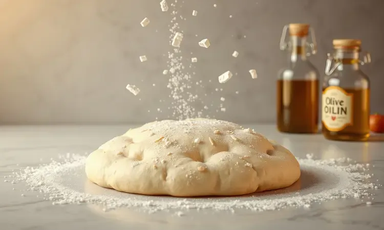 Renderização 3D de uma massa de pizza sendo preparada com ingredientes flutuantes e luz quente.