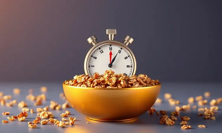 Tigela de cerâmica com granola dourada e crocante ao lado de um cronômetro estilizado simbolizando rapidez.