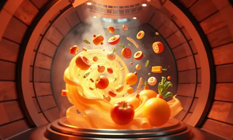 Representação 3D dinâmica de ingredientes coloridos flutuando em um fluxo de ar quente e luz dourada.