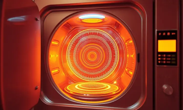 Representação conceitual 3D de ondas de calor e pressão interna circulando em um eletrodoméstico moderno de cozinha.