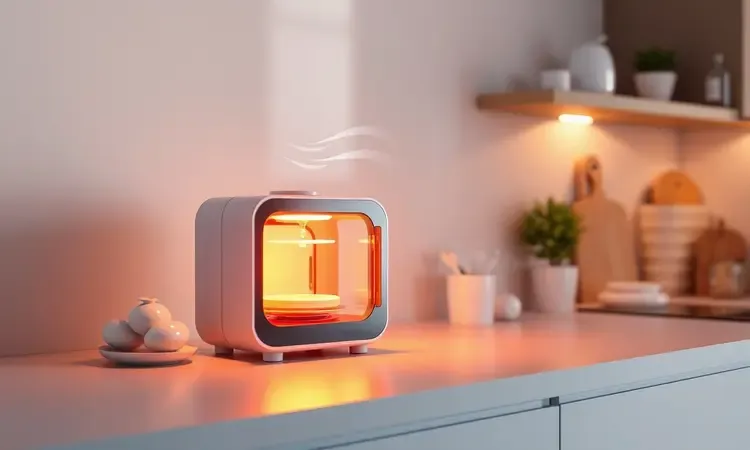 Representação conceitual em 3D de um aparelho de cozinha moderno passando pelo processo inicial de aquecimento e cura segura.