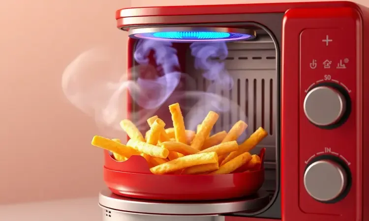 Ilustração 3D conceitual de ar quente circulando e cozinhando batatas fritas crocantes em uma fritadeira vermelha moderna.