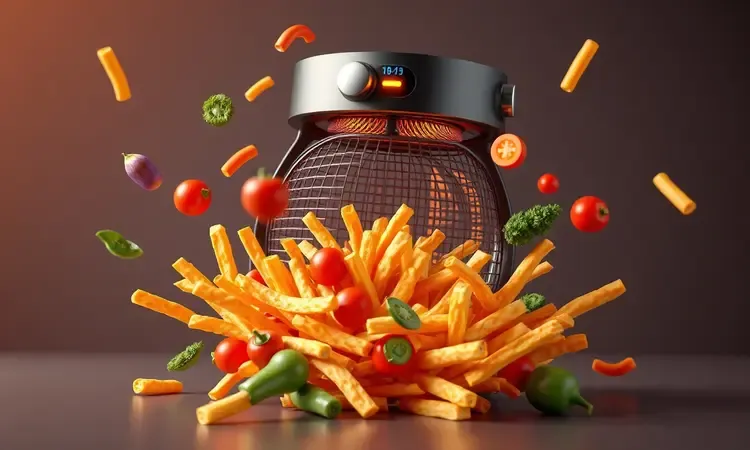 Ilustração 3D de alimentos saudáveis e crocantes como batatas e vegetais flutuando em torno de uma fritadeira conceitual.