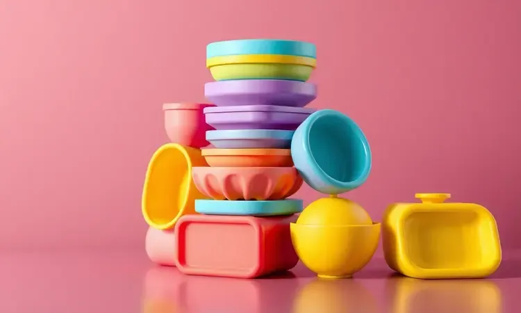 Conjunto de acessórios de silicone coloridos e flexíveis empilhados em uma composição artística moderna e iluminada.