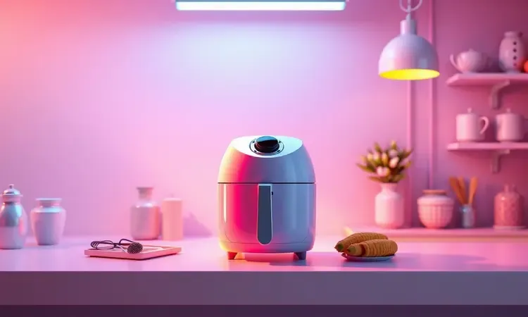 Cena 3D de uma fritadeira elétrica em uma bancada organizada com iluminação cinematográfica quente.
