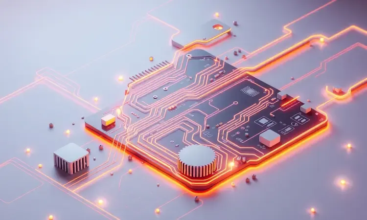 Ilustração 3D abstrata de uma placa de circuito eletrônico com caminhos de luz brilhantes e design tecnológico moderno.