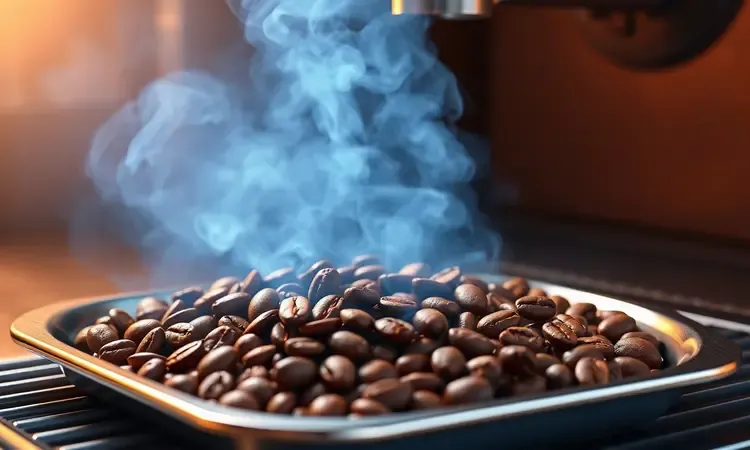 Grãos de café torrados sendo resfriados rapidamente com névoa de ar frio em uma bandeja metálica conceitual.