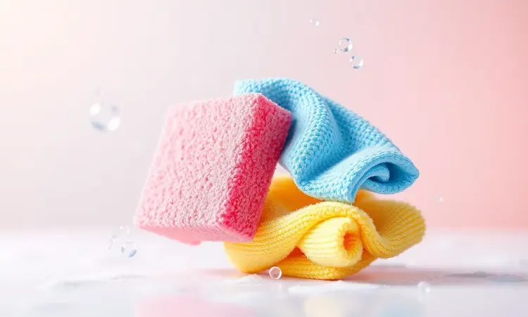 Esponja macia e itens de limpeza delicados flutuando em um ambiente limpo e colorido.