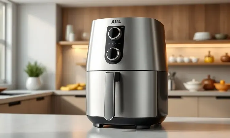 Detalhe conceitual da construção de uma air fryer premium com acabamento fosco e metálico.
