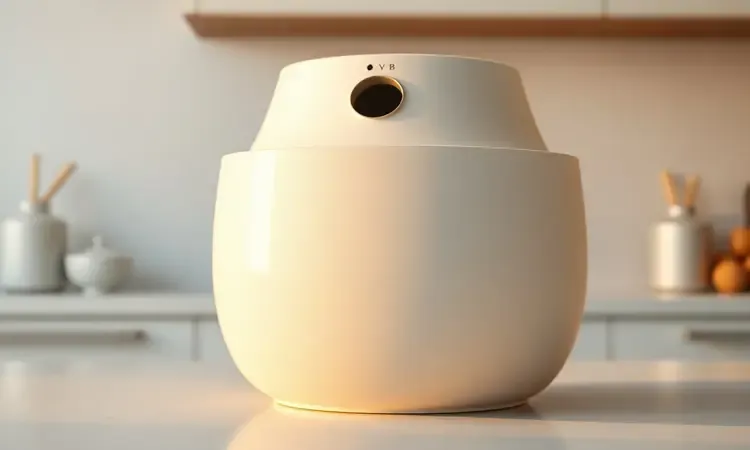 Cesto de air fryer com revestimento antiaderente impecável em uma renderização 3D artística com iluminação quente.