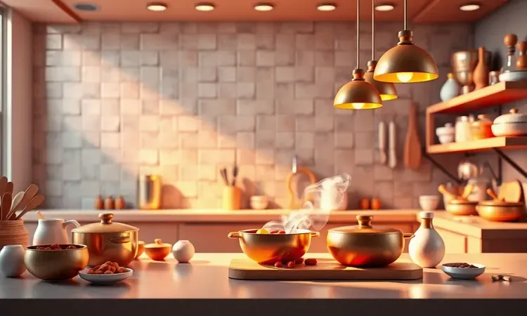 Cena conceitual 3D de uma cozinha moderna representando qualidade e tradição em eletrodomésticos de alto padrão.