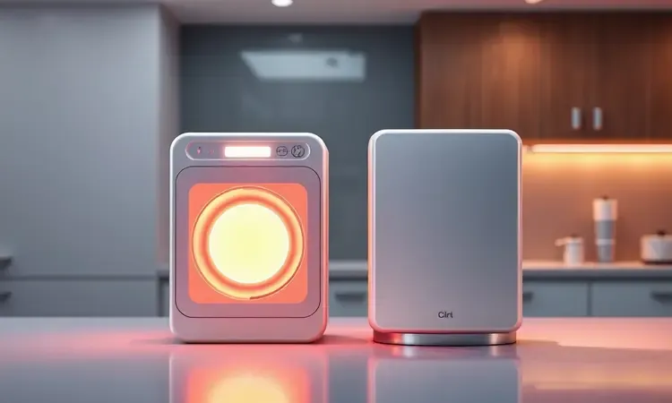Comparação visual entre um cesto metálico novo e brilhante ao lado de um antigo em um cenário de design moderno.