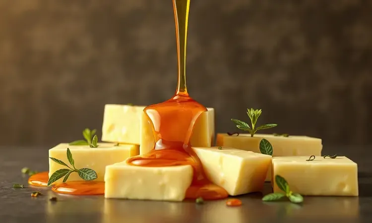 Queijo coalho com melaço de cana e ervas em uma apresentação artística 3D com texturas ricas.
