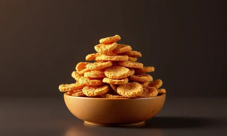 Tigela moderna com quiabos empanados crocantes estilo chips em tons dourados.