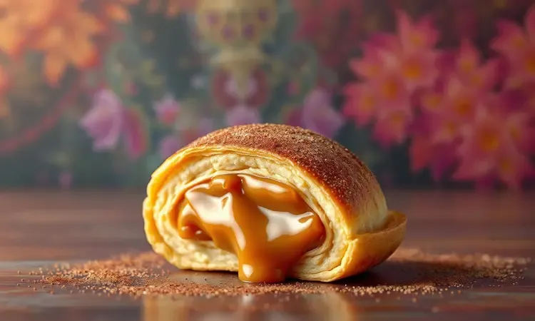Rabanada recheada com creme de caramelo mostrando textura cremosa e crosta dourada de açúcar.