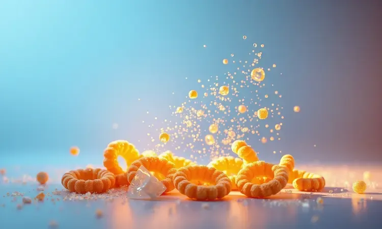 Render 3D conceitual mostrando a transição de salgados congelados para fritos e crocantes com luzes vibrantes.