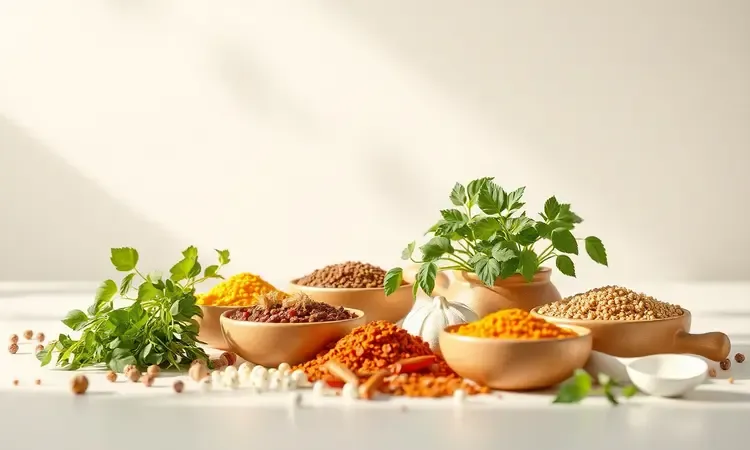 Visualização conceitual 3D de ingredientes leves e naturais, como ervas e especiarias, em um ambiente limpo e iluminado.