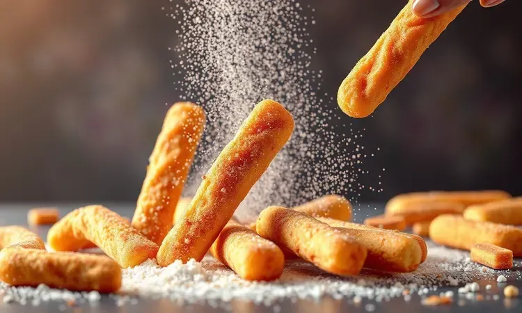 Render 3D de tiras douradas de pão de forma cobertas com uma nuvem de açúcar e canela em um cenário colorido.